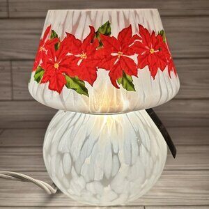 Christmas Red Poinsettia White Speckled Art Glass Mushroom Table Lamp 7 Inch
